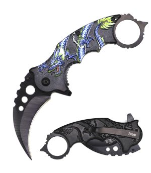 Karambit Tactical Spring Assist Knife With Finger Ring - Blue Dragon