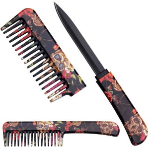 Self Defense Brush Comb With Hidden Knife - Skull and Roses